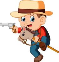 Cute little boy playing with a horse on a stick and guns toy vector