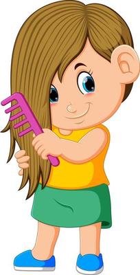the girl is combing her hair with the pink comb