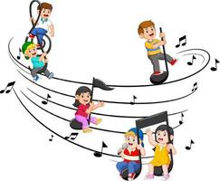 Happy children riding music notes vector