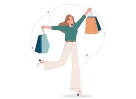 joven mujer feliz sosteniendo bolsas. gran venta, descuento, moda, concepto de adicto a las compras. vector