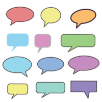 Set different dialog box, frame, speech balloon bubble colorful red violet yellow blue color in black line frame background, Empty blank comment Talk chat speak message, pop art design png