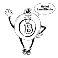 Hand drawn funny bitcoin character isolated on white background vector