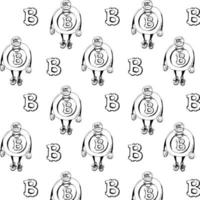 Cute funny Crypto coin character pattern with black coins isolated on white background.Vector vector