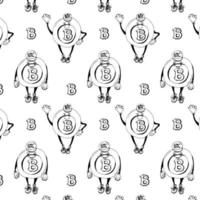 Cute funny Crypto coin character pattern with black coins isolated on white background.Vector vector