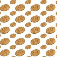 Seamless Pattern with round, braided and rye bread, French baguette, white long Loaf. Bakery product.Vintage style. For printing wrapping paper, packaging, fabric. Hand Drawn vector illustration.
