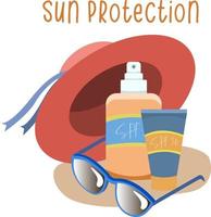 elementos de protección solar conjunto de sombrero rojo, protectores solares y gafas de sol, aislado sobre fondo blanco vector