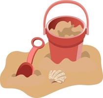 Set of red kids bucket and shovel with sand and seashell, isolated on white background vector