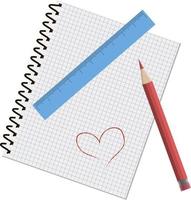 cuaderno vectorial en blanco con lápiz rojo, regla y corazón rojo dibujado a mano, aislado en fondo blanco vector