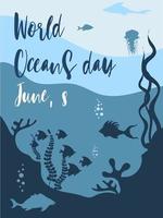 diseño de afiches del día mundial de los océanos con océano submarino, delfín, tiburón, coral, plantas marinas, rayas y tortugas vector