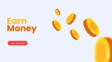 Earn money banner. Flying gold coin vector illustration.