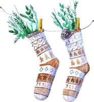 Watercolor christmas socks with gifts, christmas tree branches scandinavian style element on the transparent background vector