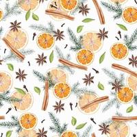 Watercolor Christmas seamless pattern with oranges, christmas tree branches and spices for mulled wine for giftpaper, textile, decor vector