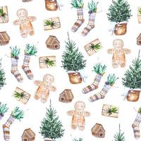 Watercolor seamless pattern with christmas elements in Scandinavian style beige and green colors vector