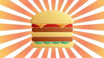 cartel de publicidad de comida rápida de hamburguesas con rayos e inscripción de letras. deliciosa hamburguesa o hamburguesa con queso promocional vector