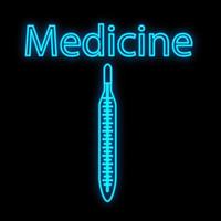 Bright luminous blue medical digital neon sign for a pharmacy or hospital store beautiful shiny with a thermometer and the inscription medicine on a black background. Vector illustration
