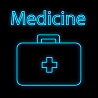 Bright luminous blue medical digital neon sign for a pharmacy or hospital store beautiful shiny with a first aid kit and the inscription medicine on a black background. Vector illustration