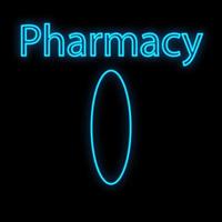 Bright luminous blue medical digital neon sign for a pharmacy or hospital store beautiful shiny with pills and capsules and the inscription pharmacy on a black background. Vector illustration