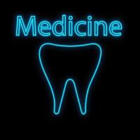Bright luminous blue medical digital neon sign for a pharmacy or hospital store beautiful shiny with a dental tooth and the inscription medicine on a black background. Vector illustration