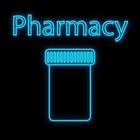 Bright luminous blue medical digital neon sign for a pharmacy or hospital store beautiful shiny with cans for pills and the inscription medicine on a black background. Vector illustration