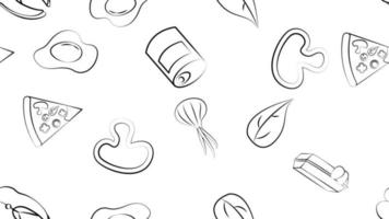 Black and white endless seamless pattern of food and snack items icons set for restaurant bar cafe egg, mushroom, fish, canned food, onion, pizza, greens. The background vector