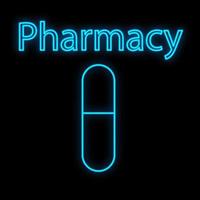 Bright luminous blue medical digital neon sign for a pharmacy or hospital store beautiful shiny with pills and capsules and the inscription pharmacy on a black background. Vector illustration