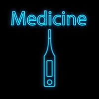 Bright luminous blue medical digital neon sign for a pharmacy or hospital store beautiful shiny with a thermometer and the inscription medicine on a black background. Vector illustration