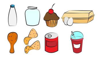 A set of eight icons of items of delicious food and snacks for a cafe bar restaurant on a white background milk, can, cupcake, eggs, chicken, chips, soda, lemonade vector