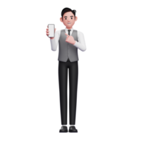 Businessman in grey vest pointing to phone screen, 3d illustration of businessman using phone png