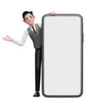 empresário de colete de escritório cinza emerge por trás do telefone grande com as mãos abertas, ilustração 3d do empresário usando o telefone