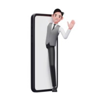 empresário de colete de escritório cinza aparece na tela do telefone e diz oi acenando a mão, ilustração 3d do empresário usando o telefone