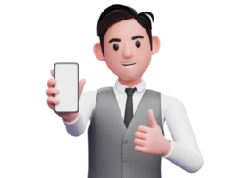 Nahaufnahme eines Geschäftsmannes in grauer Büroweste, Daumen hoch und Telefonbildschirm in die Kamera zeigend, 3D-Darstellung eines Geschäftsmannes mit Telefon png