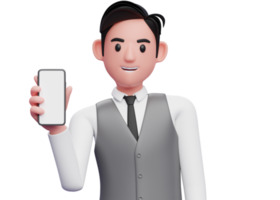 close up of businessman in gray office vest holding phone while tilting body, 3d illustration of businessman using phone png