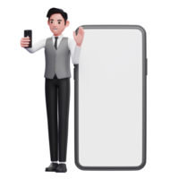 uomo d'affari nel grigio veste in piedi mentre fabbricazione video chiamata e agitando mano su grande Telefono sfondo, 3d illustrazione di uomo d'affari utilizzando Telefono png