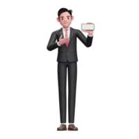 businessman in black formal suit presenting with a landscape phone screen, 3d illustration of businessman using phone png