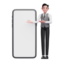 empresário em colete de escritório cinza apresentando grande celular com tela branca, ilustração 3d do empresário usando telefone