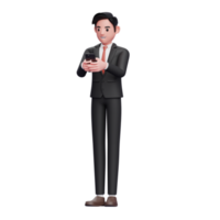 hombre de negocios con traje formal negro escribiendo un mensaje por teléfono, ilustración 3d del hombre de negocios usando el teléfono png