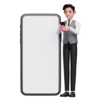 Geschäftsmann in grauer Büroweste tippt Nachricht auf Handy mit riesigem Handyornament, 3D-Darstellung des Geschäftsmannes mit Telefon png