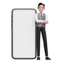 empresário de colete cinza cruza os braços e se inclina no celular com tela branca grande, ilustração 3d do empresário usando o telefone