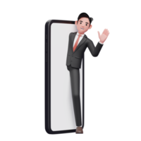 empresário de terno formal preto aparece na tela do telefone e diz oi acenando a mão, ilustração 3d do empresário usando o telefone png