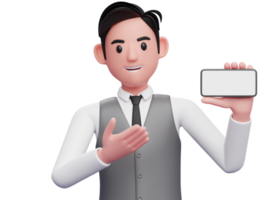 close up of businessman in gray office vest presenting pose with landscape phone, 3d illustration of businessman using phone png