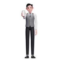 businessman in grey vest showing phone screen to the camera, 3d illustration of businessman using phone png