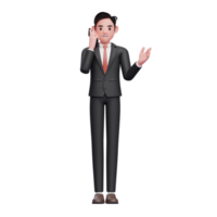 empresário de terno formal preto fazer uma chamada com um telefone celular com gesto de mão aberta, ilustração 3d do empresário usando o telefone