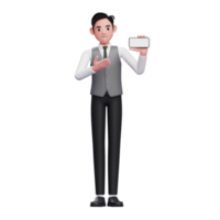 businessman in grey vest presenting with a landscape phone screen, 3d illustration of businessman using phone png