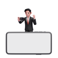 Geschäftsmann im schwarzen formellen Anzug, der feiert, während er auf dem Telefonbildschirm hinter dem großen Bildschirm im Querformat schaut, 3D-Darstellung des Geschäftsmannes, der das Telefon benutzt png