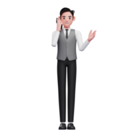 businessman in grey vest make a call with a cell phone, 3d illustration of businessman using phone png