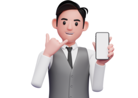Nahaufnahme eines Geschäftsmannes in grauer Büroweste, der Ruf mich an, Fingergeste mit Zeigetelefon, 3D-Darstellung eines Geschäftsmannes mit Telefon png
