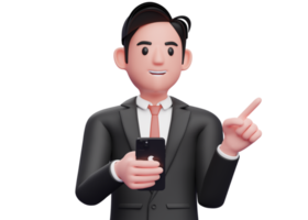 stänga upp av affärsman i svart formell kostym pekande till de sida välja gest och innehav en telefon, 3d illustration av affärsman använder sig av telefon png