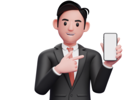 close up of businessman in black formal suit holding and pointing to phone screen, 3d illustration of businessman using phone png