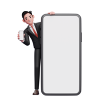 empresário de terno formal preto atrás de um grande celular enquanto mostra a tela do telefone, ilustração 3d do empresário usando o telefone png