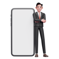 empresário de terno formal preto cruza os braços e se inclina no celular com grande tela branca, ilustração 3d do empresário usando o telefone png